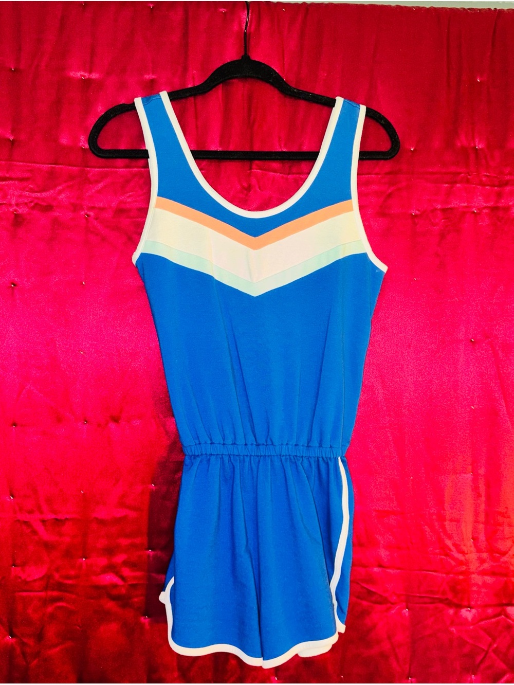 👑 Size Xsmall Vintage Retro Blue Athletic Romper with White and Peach Accents